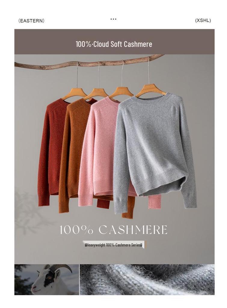 Women's 100% Pure Cashmere Heather Yarn Sweater, Round Neck, Loose Fit, Soft, Light Luxury, Knitted Base Layer for Autumn/Winter.