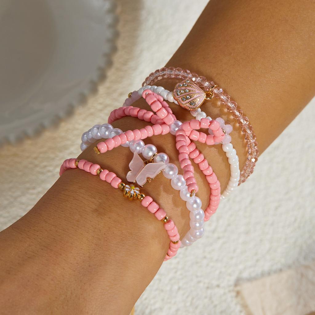 Sweet Pink Rice Bead Bow Bracelets Set for Women Bohemian Summer Shell Starfish Flower Bracelets Trendy Multi Layer Jewelry