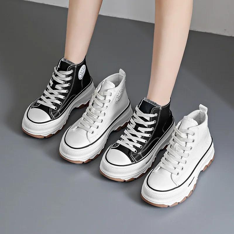New Women High Top Sneakers Lace-Up Casual Plarform Height Canvas Non-slip Wear Resistant Spring Female Vulcanize Shoes