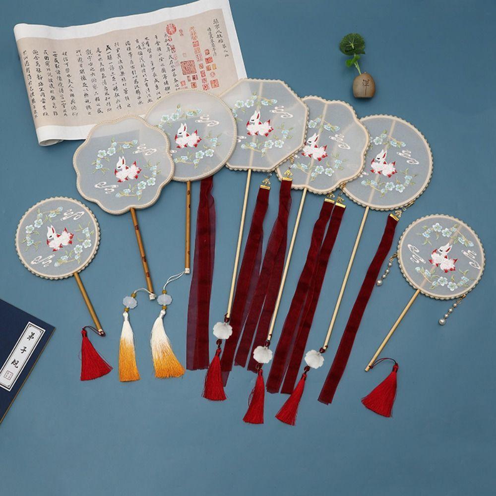 Embroidered Chinese Style Round Fan Classical Hanfu Hand Fan Long Handle Silk Fan  Female Costume
