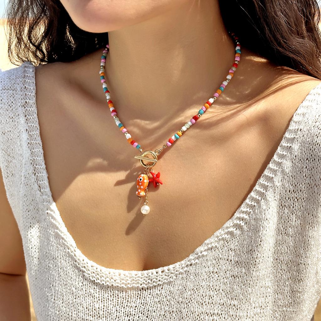 Trendy Bohemian Ceramic Fish Pendant Necklaces for Women Colorful Bead Rope Choker Necklaces Beach Jewelry Adjustable Gift