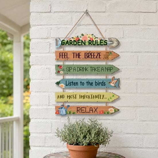 Garden Rules Hanging Sign, Spring Wooden Welcome Door Sign for Front Door, Rustic Farmhouse Wall Plaque for Porch Yard Gardening Shed Decoration