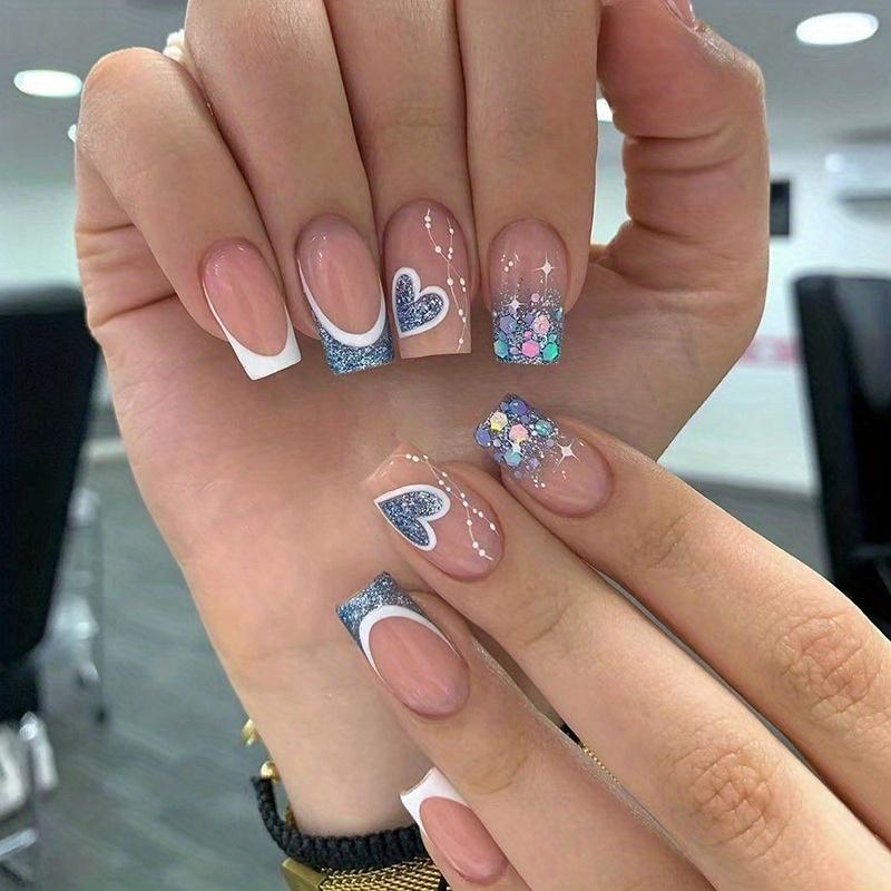24PCS Short Square Press On Nails, Heart Pattern Design, Reusable Acrylic False Nails Kit for Women Gift