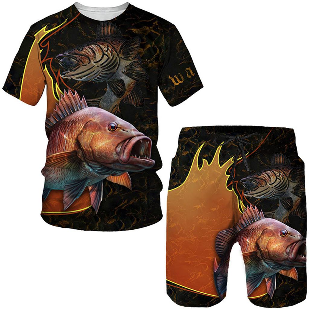 Summer Men's O-Neck Short Sleeve Shorts Set Fashion 3D Fish Print Men Beach Casual  Cool Street Oversized Sportswear Sets