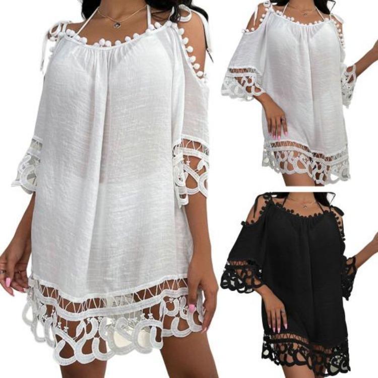Sexy Lace Crochet Backless Mini Dress Summer Beach Vacation Lady Garment Above Knee Length Sunscreen