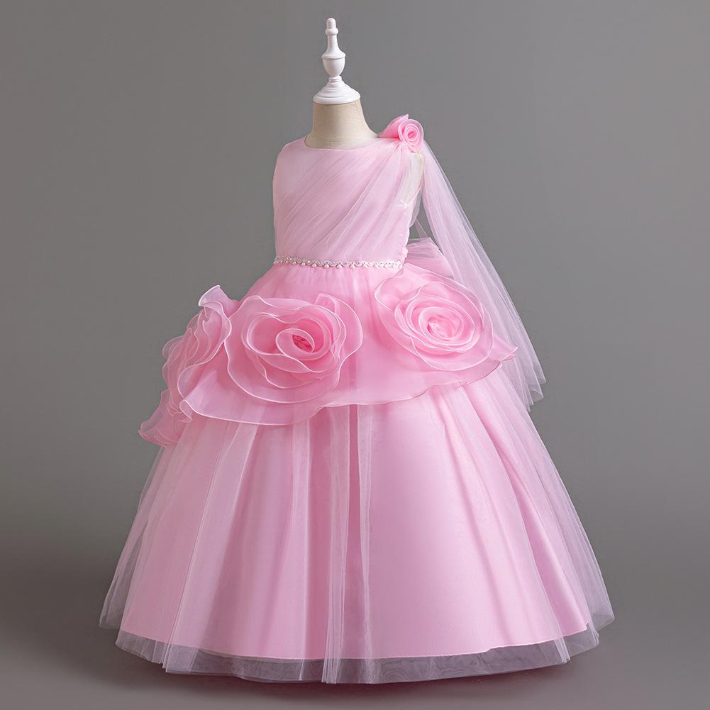 Middle and Large Children's Dress Long Large Flower Department Asymmetric Princess Dress Host Piano Performance Dress 932 Girl's Favourite Dress