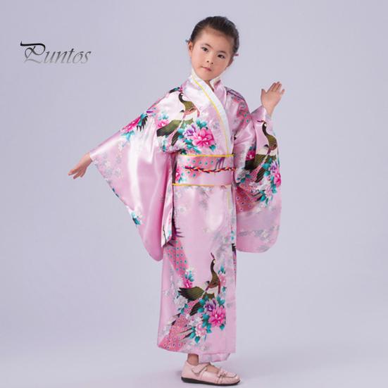 1 Set traditioneller Kimono-Pyjama für Mädchen, lebendige Farben, floraler Pfauendruck, einfach zu tragen, bequemer Kimono