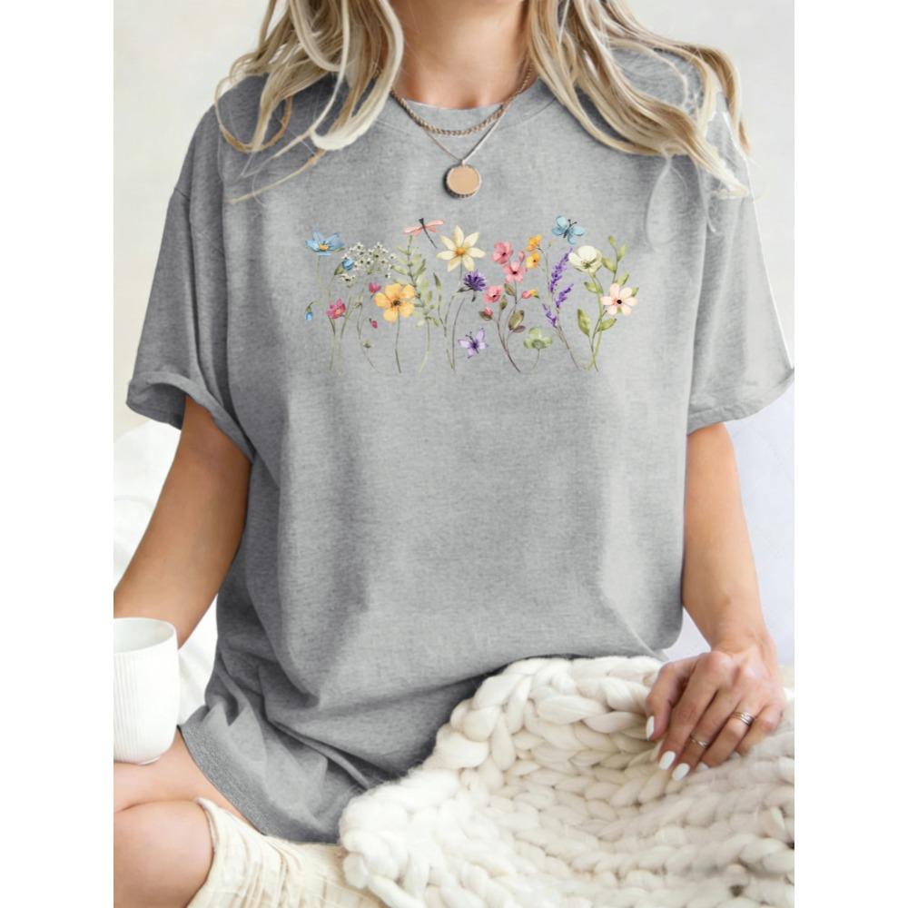 Beautiful Flowers Butterflies Dragonflies Print Women T-Shirt Y2K O-Neck T Shirts Loose Clothes Cotton Summer Streetwear