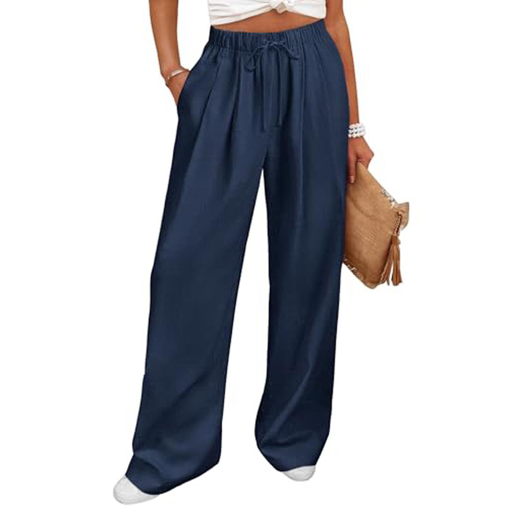 Damen Elastische Hose mit Hohem Bund Lässige Passform Weites Bein Lange Hose Hose mit Taschen