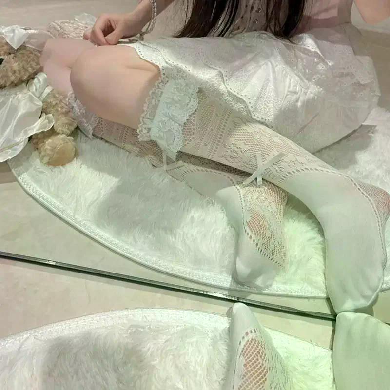 Slouch Socks Ballet Bow Mid Calf Lace Women Thin Hollow Out Summer Breathable Soft Socks for School Date and Fitness