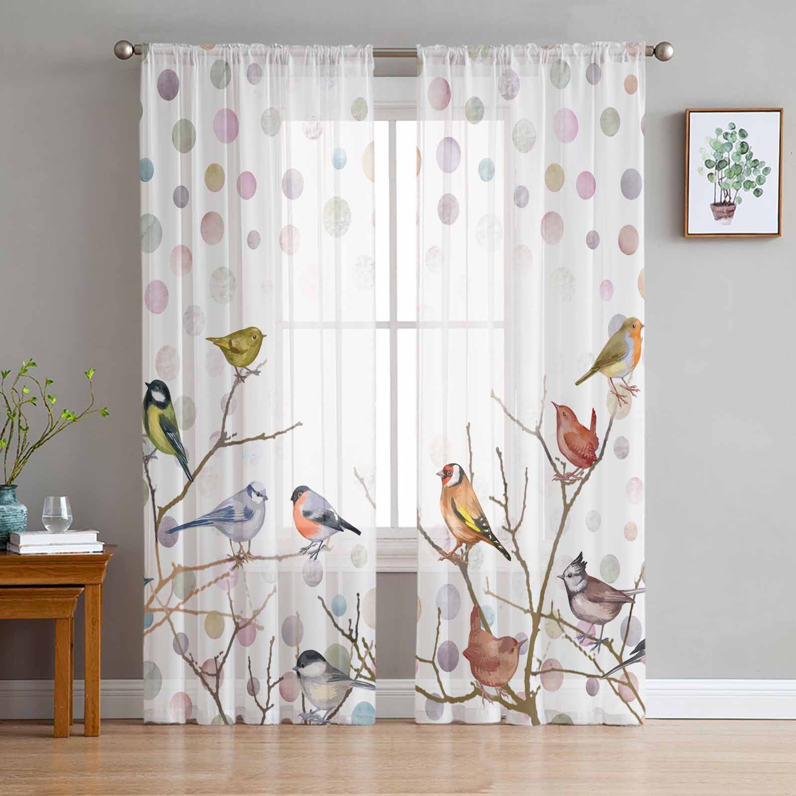 Grau-weiße Vorhänge mit Birkenzweigen als Wohnzimmerdekoration, Tüll-Voile, Organza-Fenstervorhänge für Küche und Schlafzimmer W135 x H115cm x1&Rod Pocket