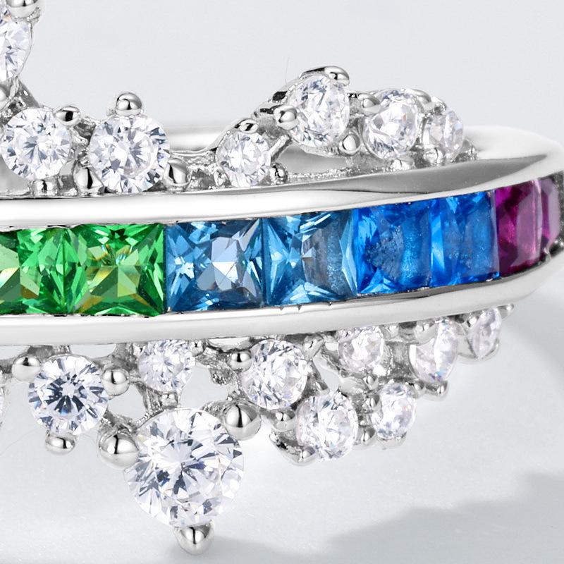 S925 Silver Rainbow Zircon Ring with Colorful Gemstones, European and American Style