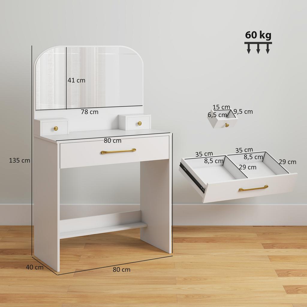 Vanity Table with Mirror, Compact Vanity Table with 3 Drawers, White
