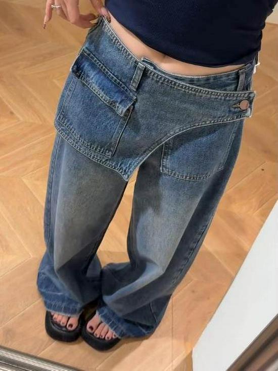 Jeans da Donna a Vita Alta a Gamba Larga con Design Finto Due Pezzi e Patta Posteriore - Pantaloni Eleganti, Slim-Fit, Larghi, Lunghi per la Primavera