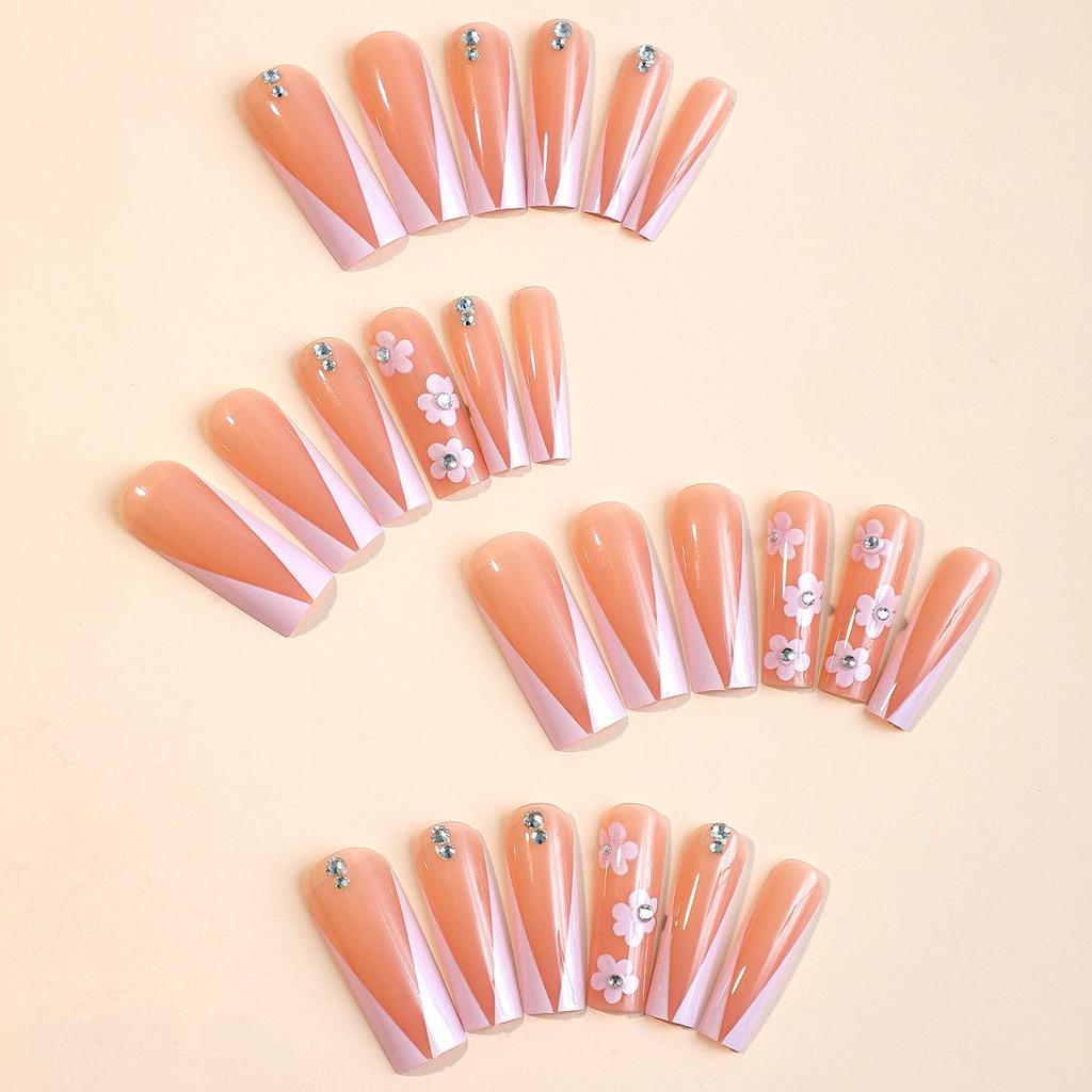French Flower Rhinestone Nail Art Tips - Long Wearable False Nails