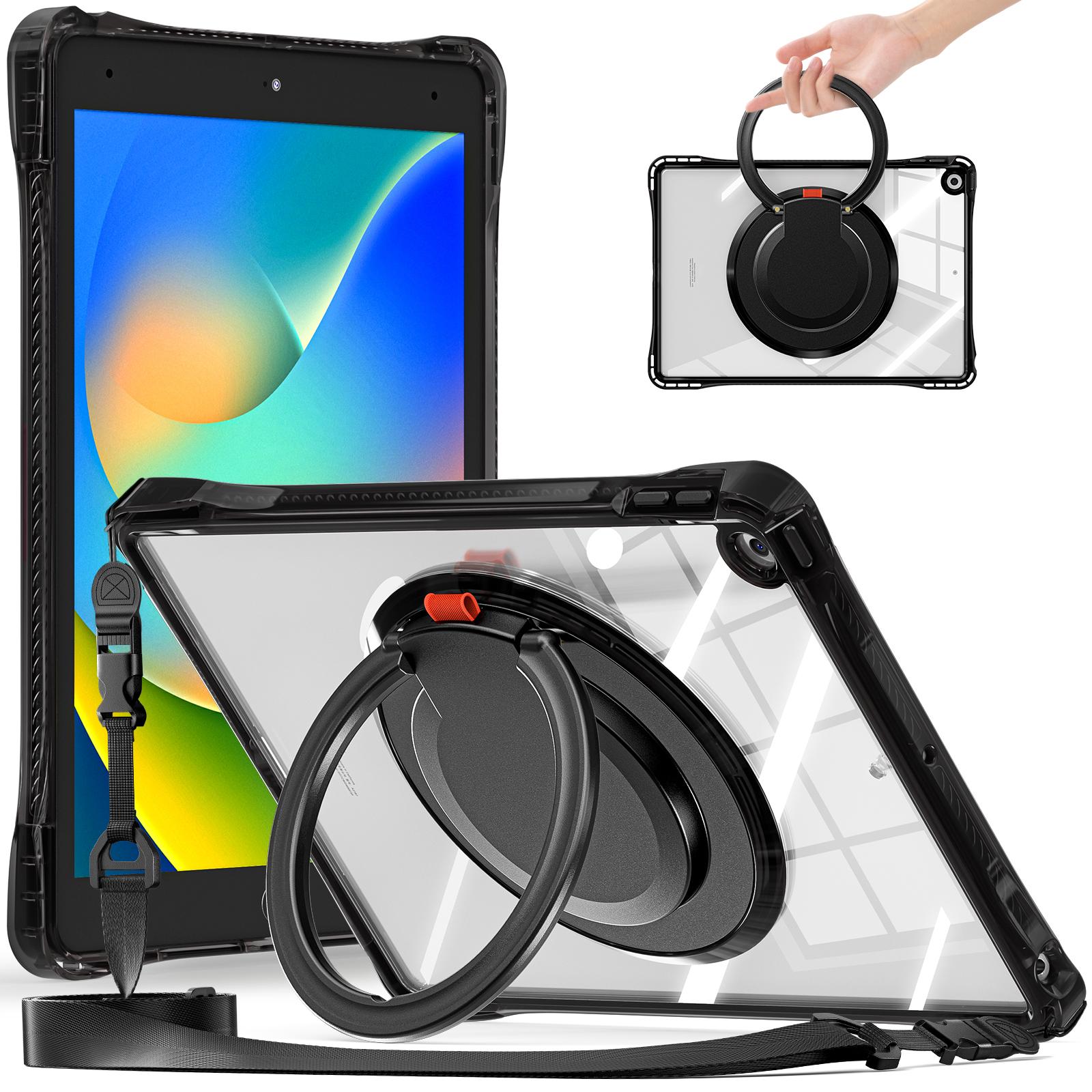 

For iPad 10.2 (2021)/(2020)/(2019) Case with Shoulder Strap Rotary Kickstand PC+TPU+Acrylic Cover A