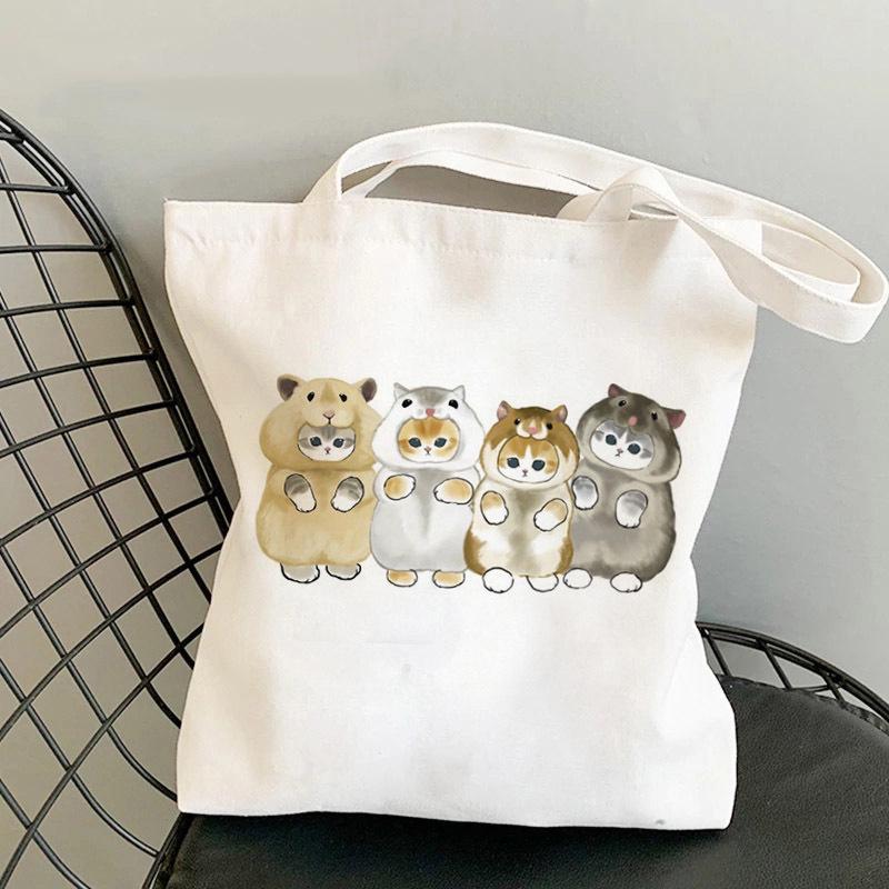 Whimsical Cat On Bicycle Canvas Shoulder Tote - Cute Print for Students and Shopping