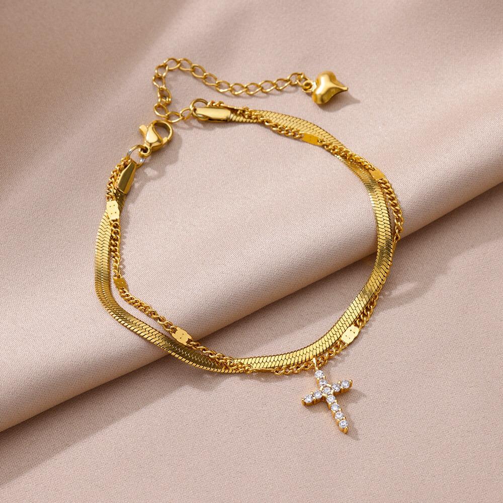 Cross Stainless Steel Cross Anklet Golden Zircon Cross Anklets Double Layered Ankle Chains  Woman