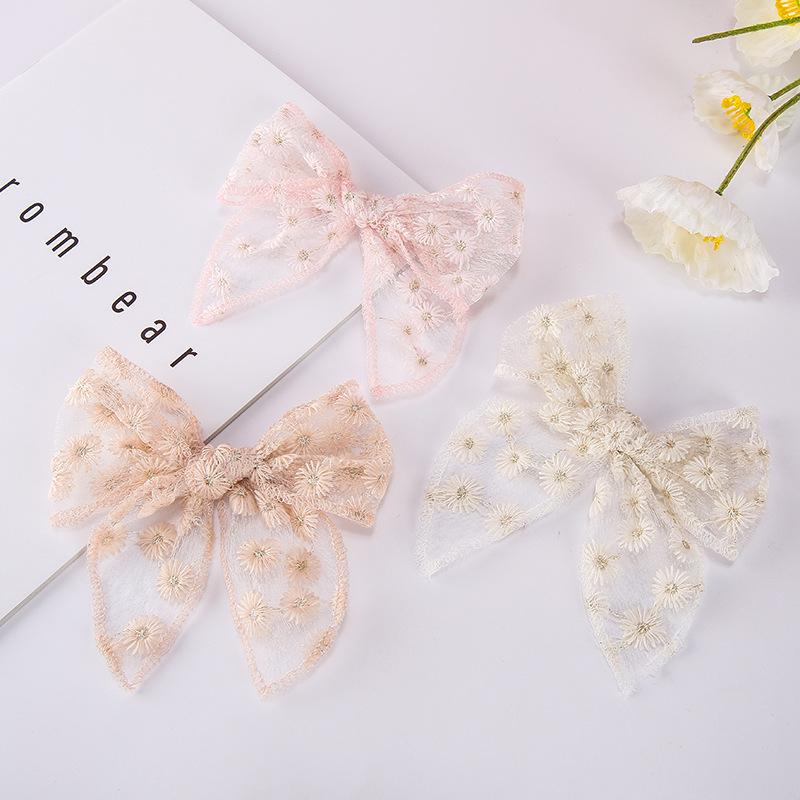 1 Piece Solid Color Elegant Ponytail Decoration Kids Flower Embroidery Lace Bow Hair Clips Hair Accessoreis For Girls