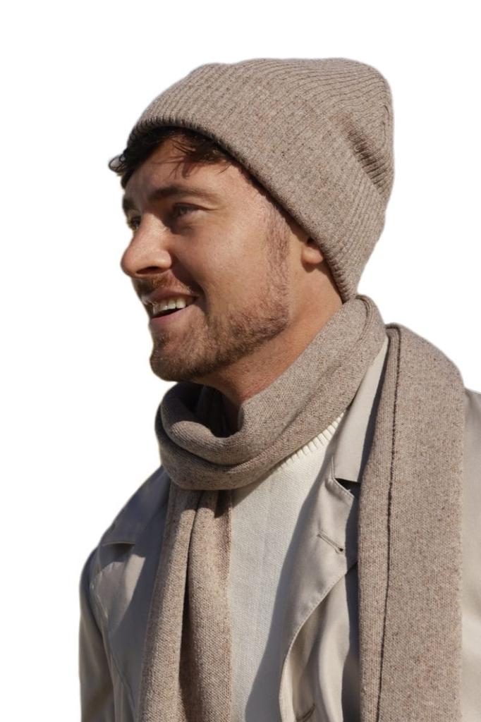 Patrick Men' Set - Hat and Scarf, Dark Beige (Merino & Silk)