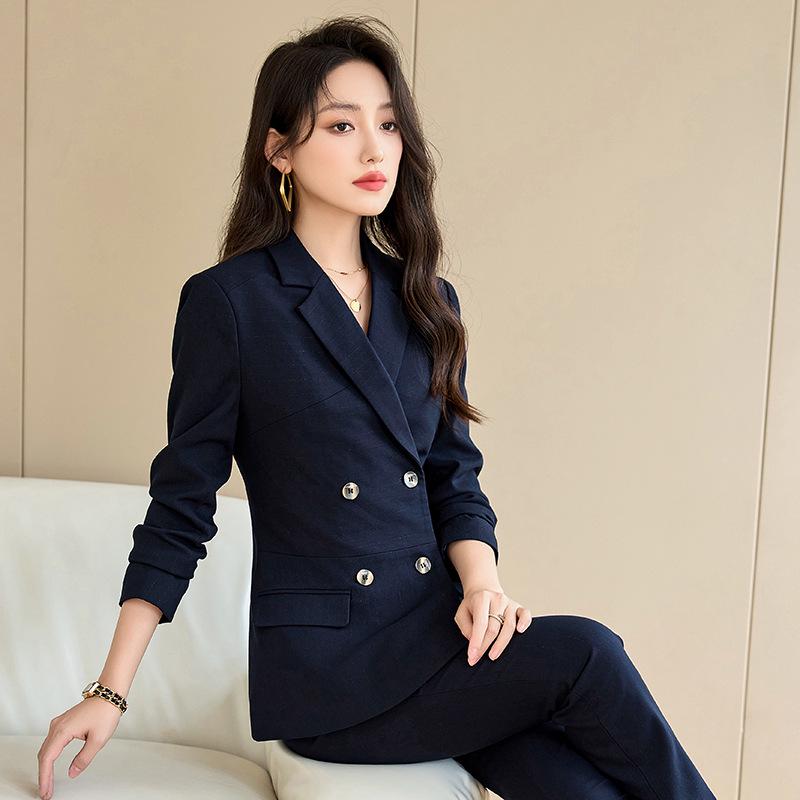 Women's Autumn Black Double-Breasted Blazer and Pants Set - Professional Slim Fit for Business and Interviews