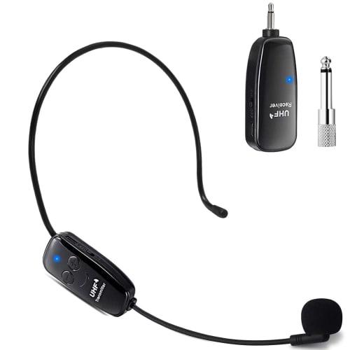 Oulou Wireless Microphone, UHF Headset Microphone with 50-meter Transmission Range, Auto-Pairing, Volume Control, Ear-Hook Type, Portable Stage Speake