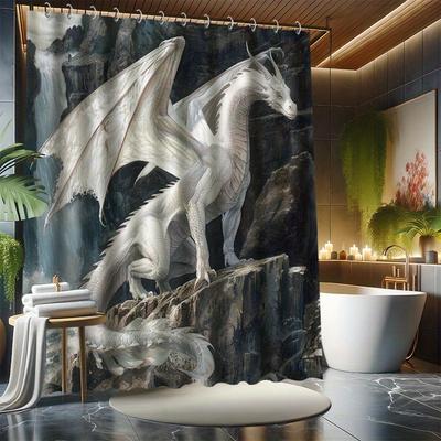 Weißer Drachen Duschvorhang Set - Wasserabweisendes Polyester, Inklusive 12 Haken, Ösenoberseite, Tierprint, Ganzjahres Urlaubsdekoration
