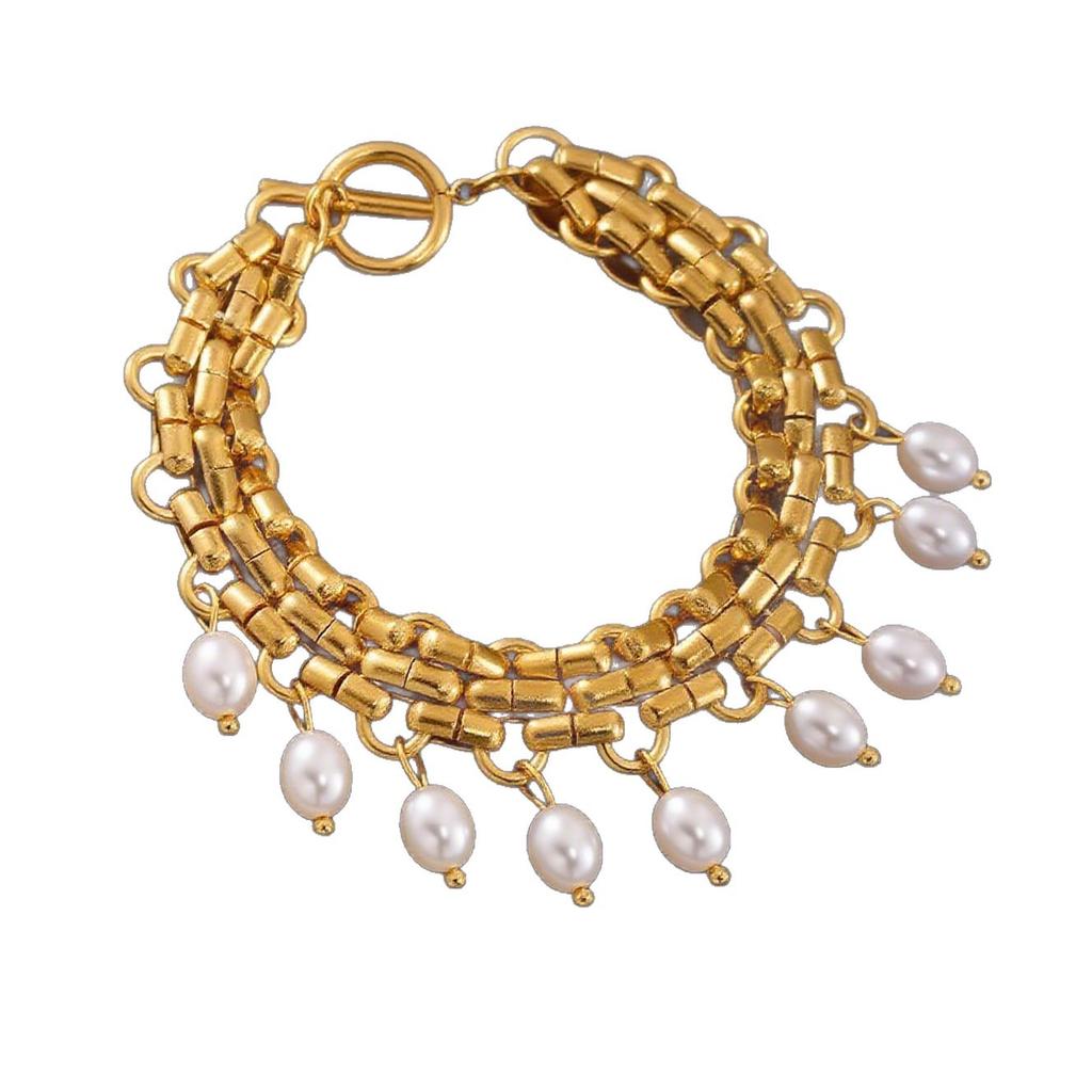 Bestselling Gold Band Chain Pearl Pendant Stainless Steel Necklace & Bracelet Set - Vintage Fashion Collarbone Jewelry