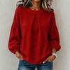 Women's Waffle Solid Color Top Shirt European and American Lantern Sleeves Round Neck Simple Long Sleeves