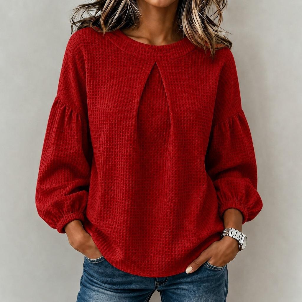 Women's Waffle Solid Color Top Shirt European and American Lantern Sleeves Round Neck Simple Long Sleeves
