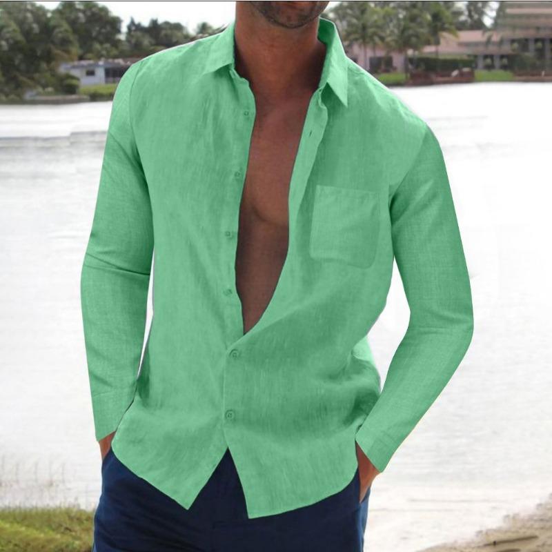 

Гарячий Розпродаж Новий Популярний, Сорочка чоловіча лляна з лацканами однотонна з довгим рукавом на ґудзиках Чоловічий одяг XXXL світло-зелений колір