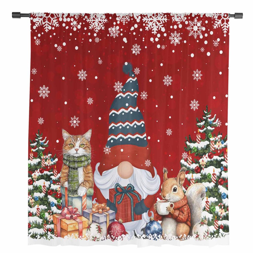 Dwarf Snowflake Christmas Tree Gift Cat Squirrel Red Sheer Curtains Room Decoration Window Curtains Kitchen Tulle Voile Curtains