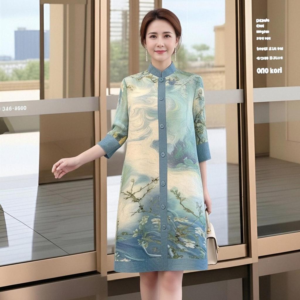 Elegant Spring Pleated Floral Dress for Mature Women