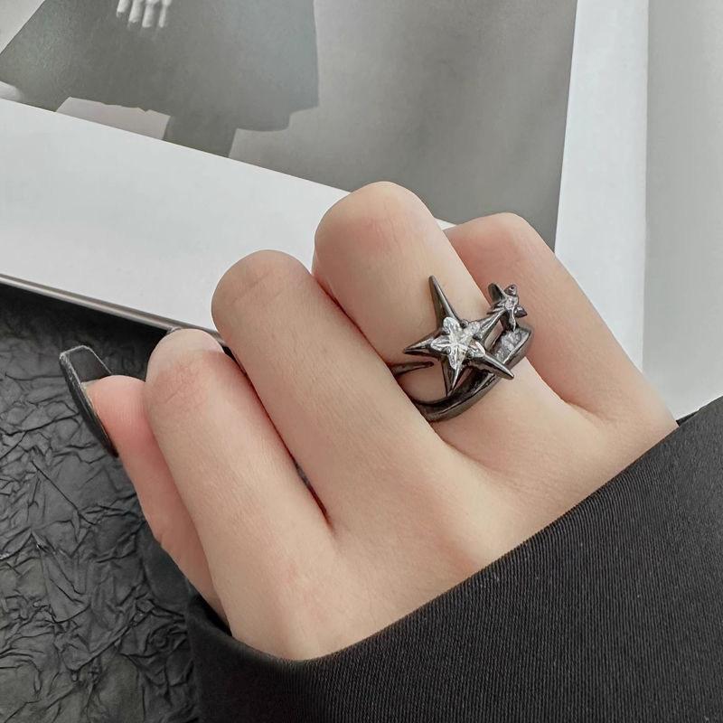Punk Gothic Inlaid Zircon Star Black Open Ring Neutral Retro Creative Irregular Daily Party Jewelry Gift