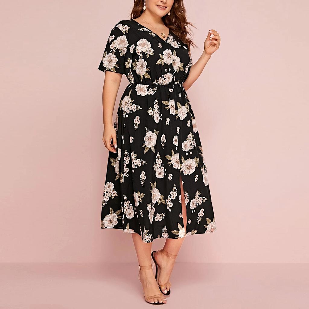 Large Size Ladies Flower Print V-neck Short-sleeved Dress European and American Waist Loose Split Mid-length Chiffon Skirt