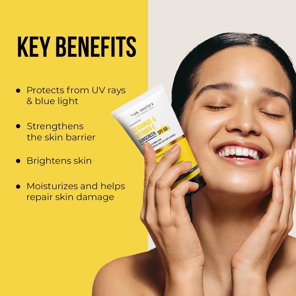 Dr. Sheth's Ceramide & Vitamin C Sunscreen SPF 50+ Pa+++ For All Skin Types Non Greasy UVA/B & Bluelight Protection |Unisex| 50g