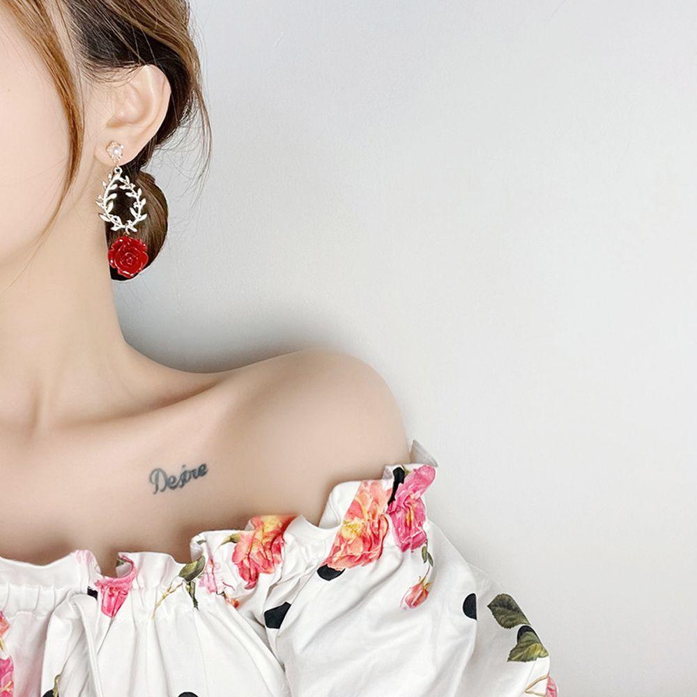 Asymmetric For Girls Pearl Women Stud Earrings Drop Earrings Korean Dangle Earrings Red Rose Flower