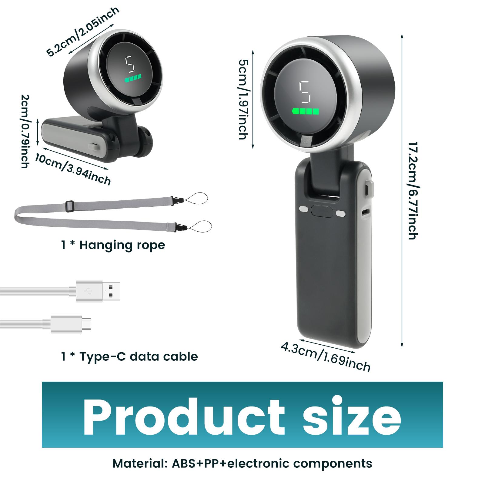 

Portable Handheld Fan USB Rechargeable Tech Cooling Fan Large Capacity 3600 mAh Battery Personal Fan Outdoor Smart Cooling Tool 1Pc темно-сірий