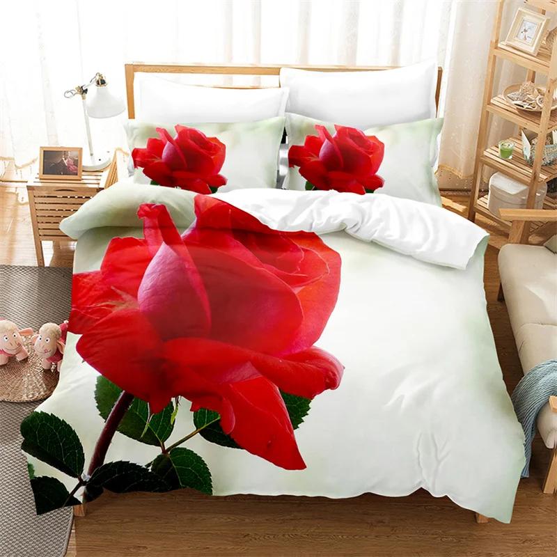 Comforter Rose Flower Bedding Set 4Pcs Pink Red 200X230 For Double Bed 3D Bedsheet 230X230 Full Size Thin Fabric