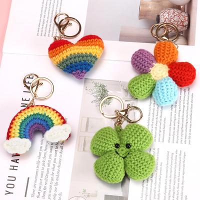 Hand-Crocheted Colorful Four-Leaf Clover & Heart Keychain Bag Charm