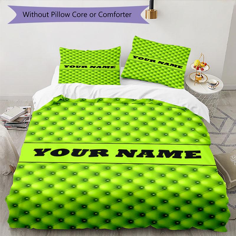 3PC Custom Name Green Leather Texture Bedding Set Duvet Cover Closure Includes 1 Duvet Cover & 2 Pillowcases for Bedroom