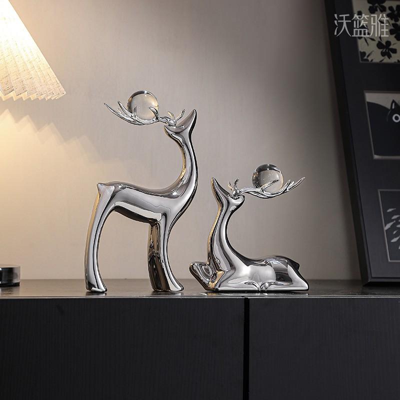 Modern Minimalist Ceramic Deer Figurine Set Living Room TV Cabinet Decor With Crystal Ball Or LED Light Option