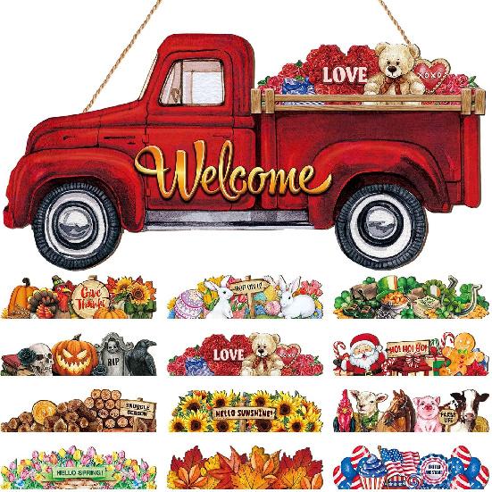Ferraycle 13 Pcs St.Patrick s Day Interchangeable Welcome Sign Red Truck Decor Spring Welcome Sign Rustic Farmhouse Seasonal Decor with 12 Holiday