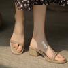 Summer New Transparent Belt One-word Outer Wear Medium Heel Sandals Thick Heel Large Size Slippers