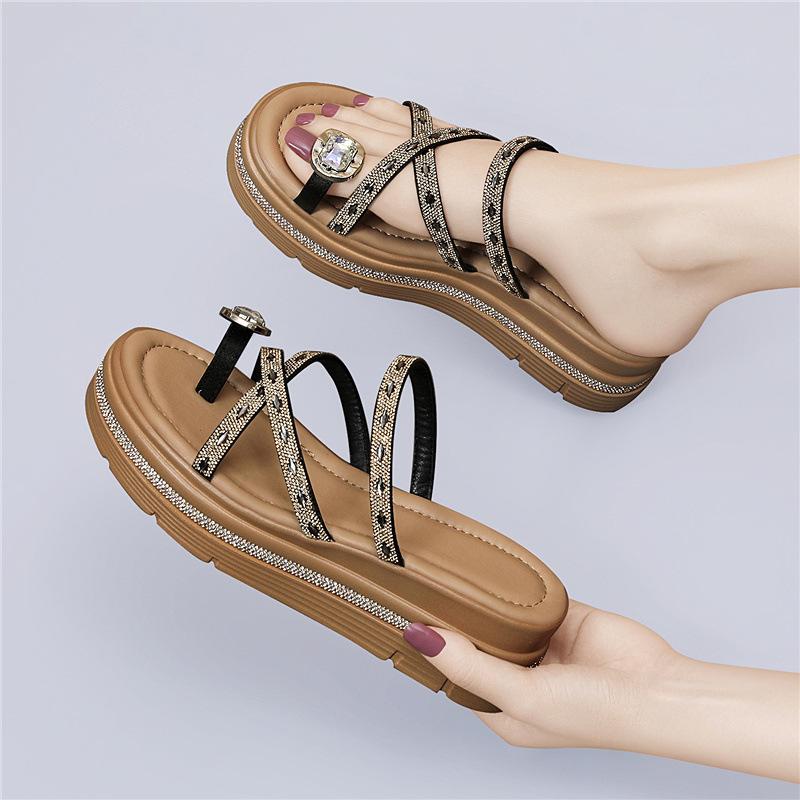 

Light luxury rhinestone slope heel Roman shoes new platform sole single shoes soft sole ins wind commuting shallow mouth versatile sandals 39