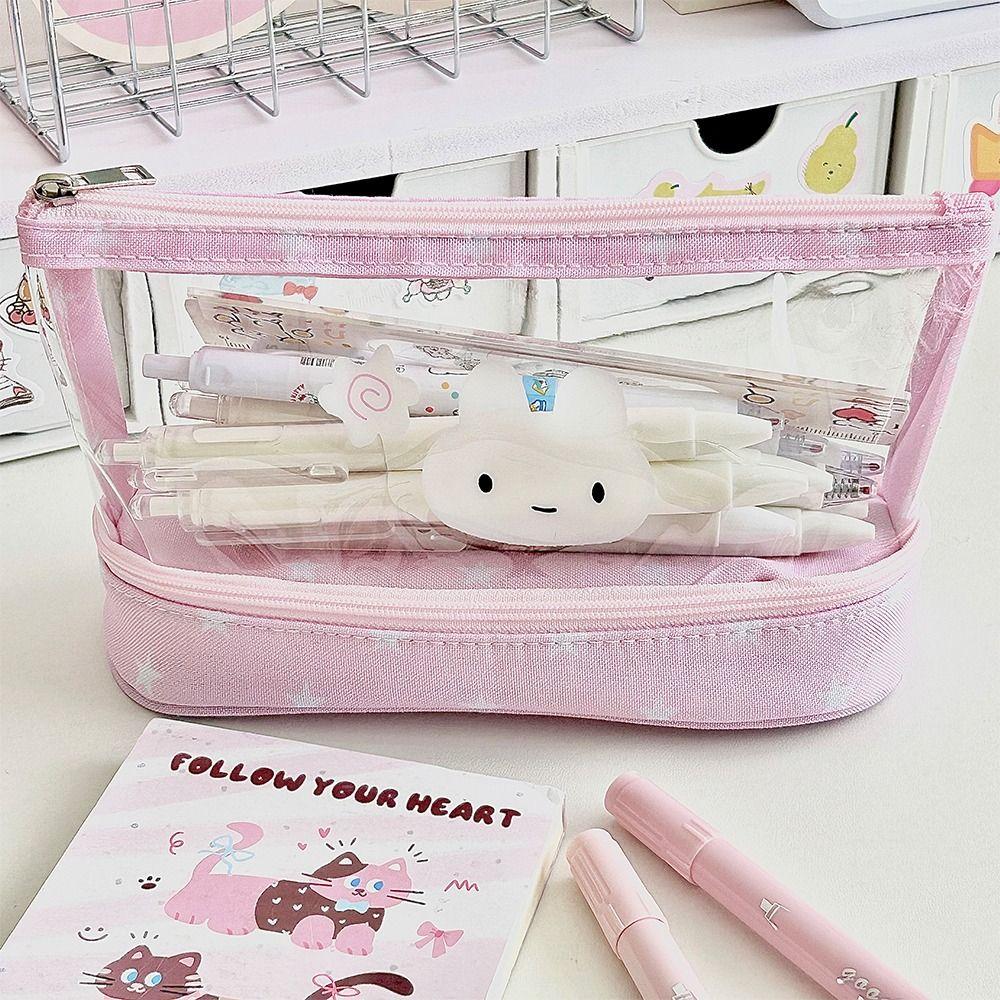 Pink Star Rabbit Pattern Pen Bag Double Layers Transparent Pencil Case Vertical Base Large Capacity Stationery Organizer