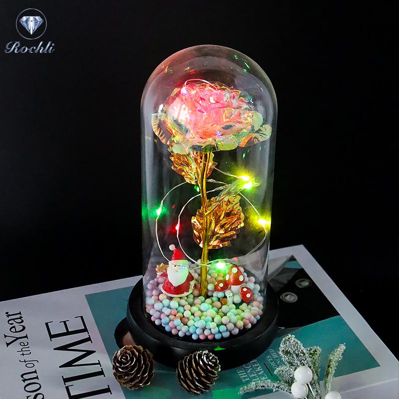 Rose Flower Preserved in Glass Dome with Night Light - Mother's Day or Birthday Gift Ornament