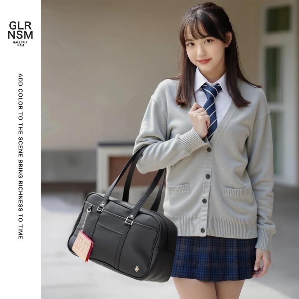 BEVERLY HILLS POLO CLUB Faux Leather School Bag Boston Bag Brown Black High School Girls Boys with Pouch bp002 Beige Water-repellent (Black [23])