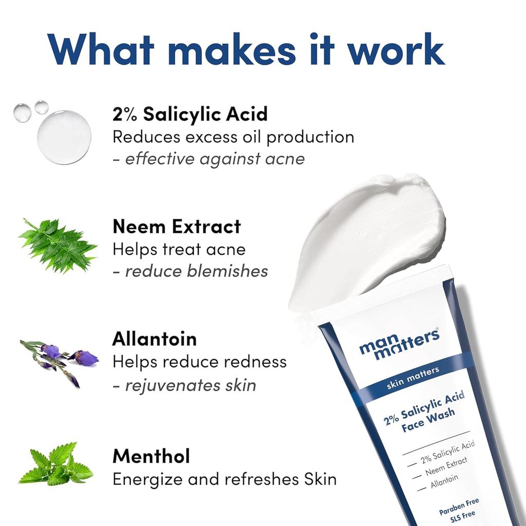 Man Matters Clear 2% Salicylic Acid Face Wash For Men 100 ml Oil Control Pore Cleansing Refreshing Daily Cleanser