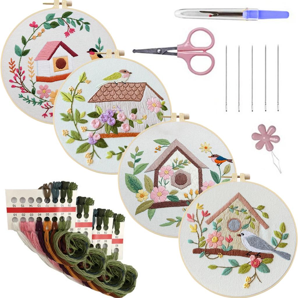 4 Pack Scenery DIY Stitches Kit with Embroidery Hoop Embroidery Stitches Practice Kit 30x30cm for Adult Beginners Gift for Women